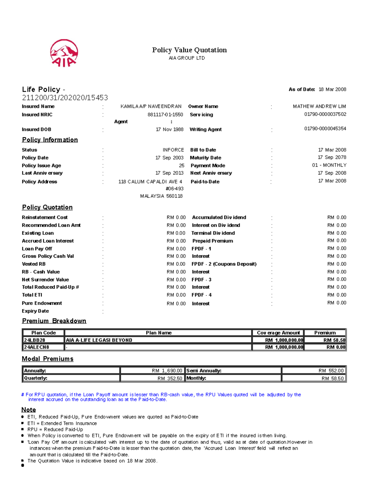 361561911 AIA Policy Quotation for L534344520 Policy Value Quotation