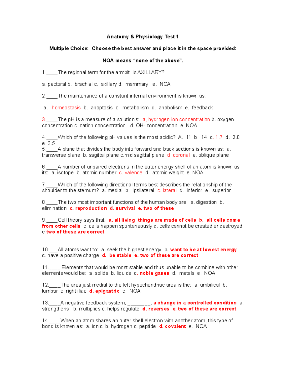 TEST Study Guide - Anatomy & Physiology Test 1 Multiple Choice: Choose ...