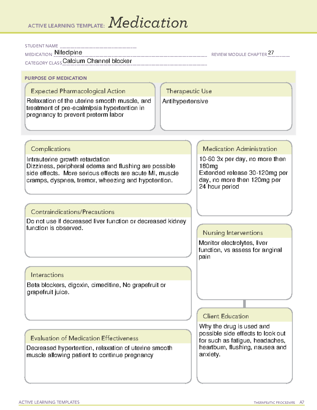 Nifedipine Medication Template ACTIVE LEARNING TEMPLATES THERAPEUTIC
