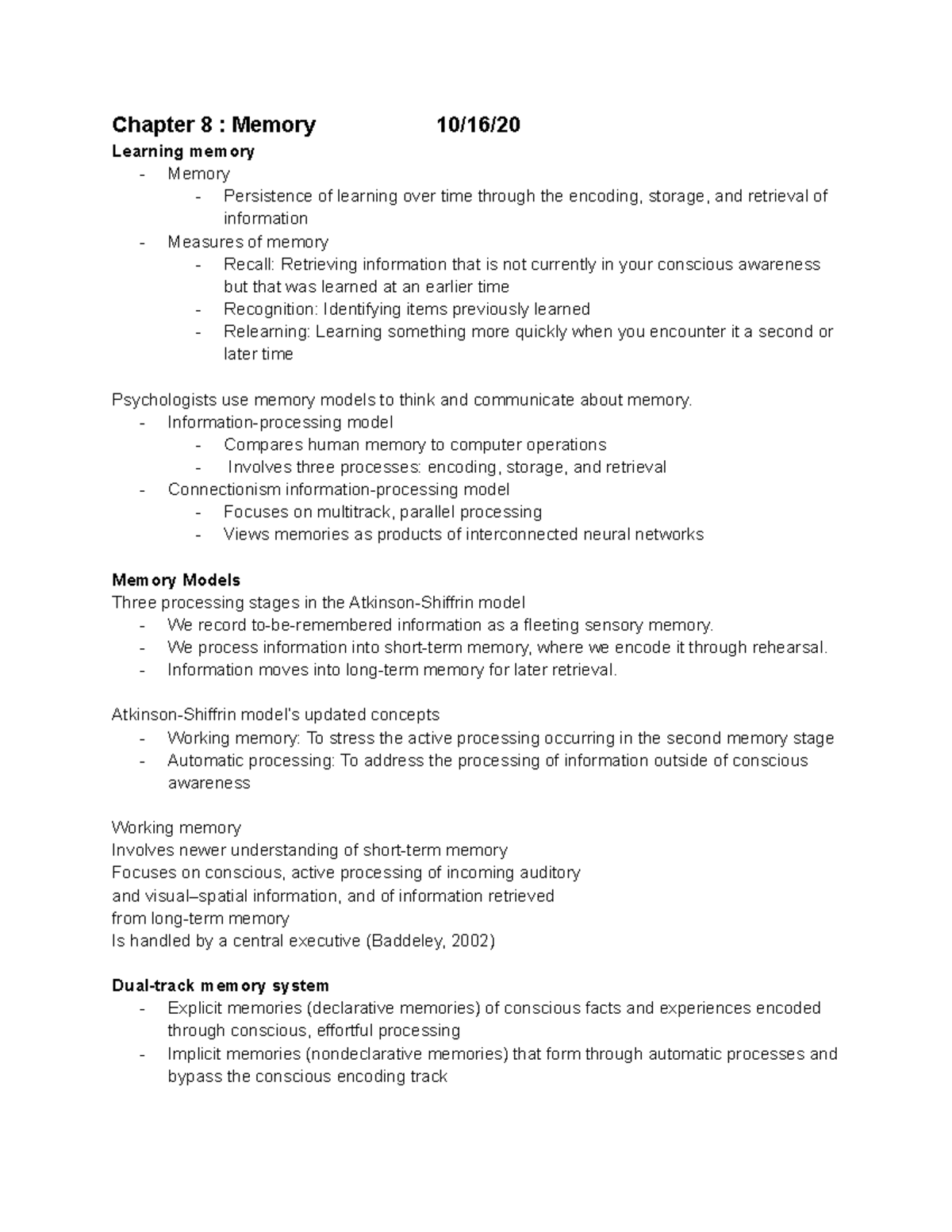 Psychology - Memory - Chapter 8 : Memory 10/16/ Learning Memory ...