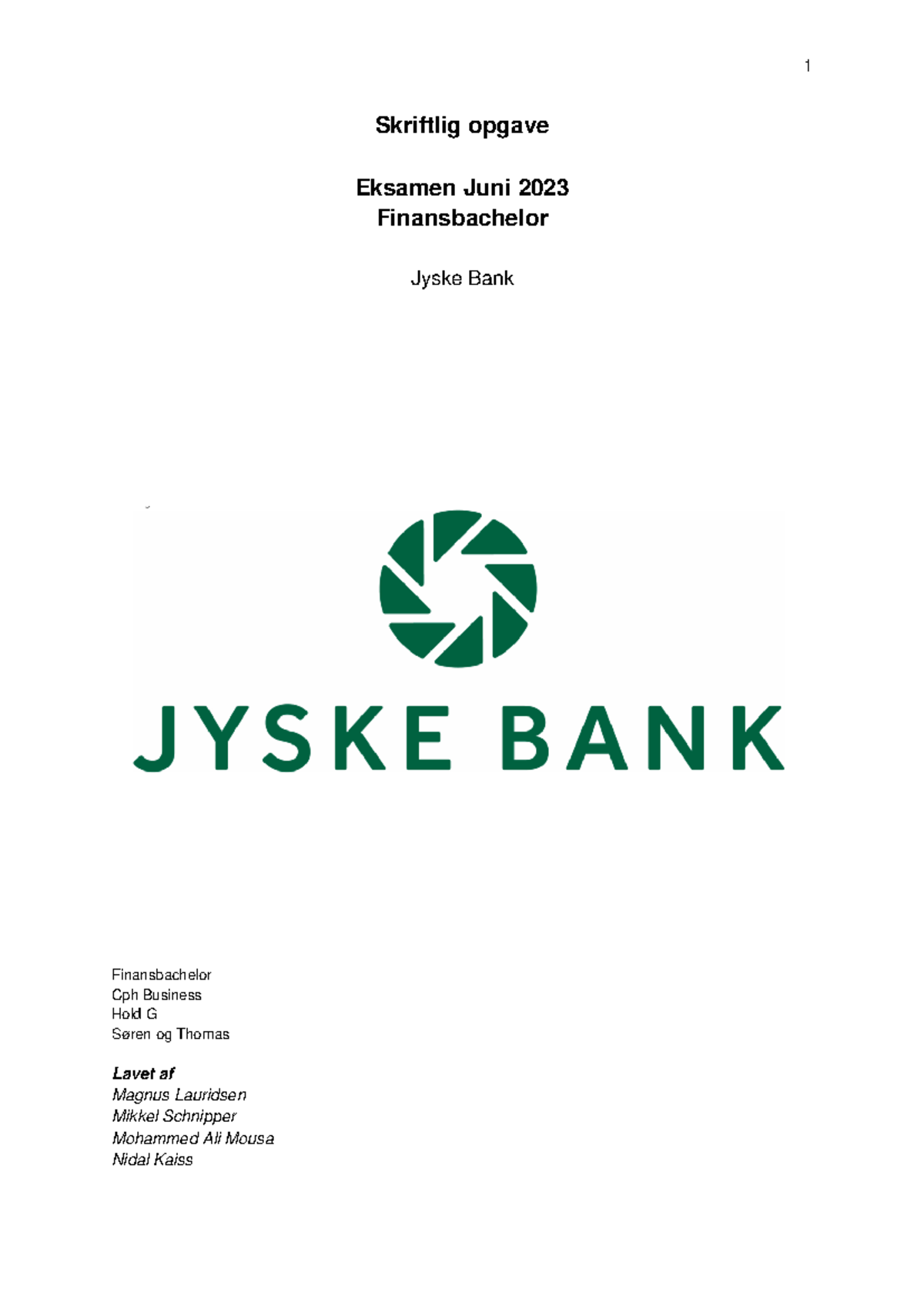Jyske BANK re eks Inspiration Skriftlig opgave Eksamen Juni 2023