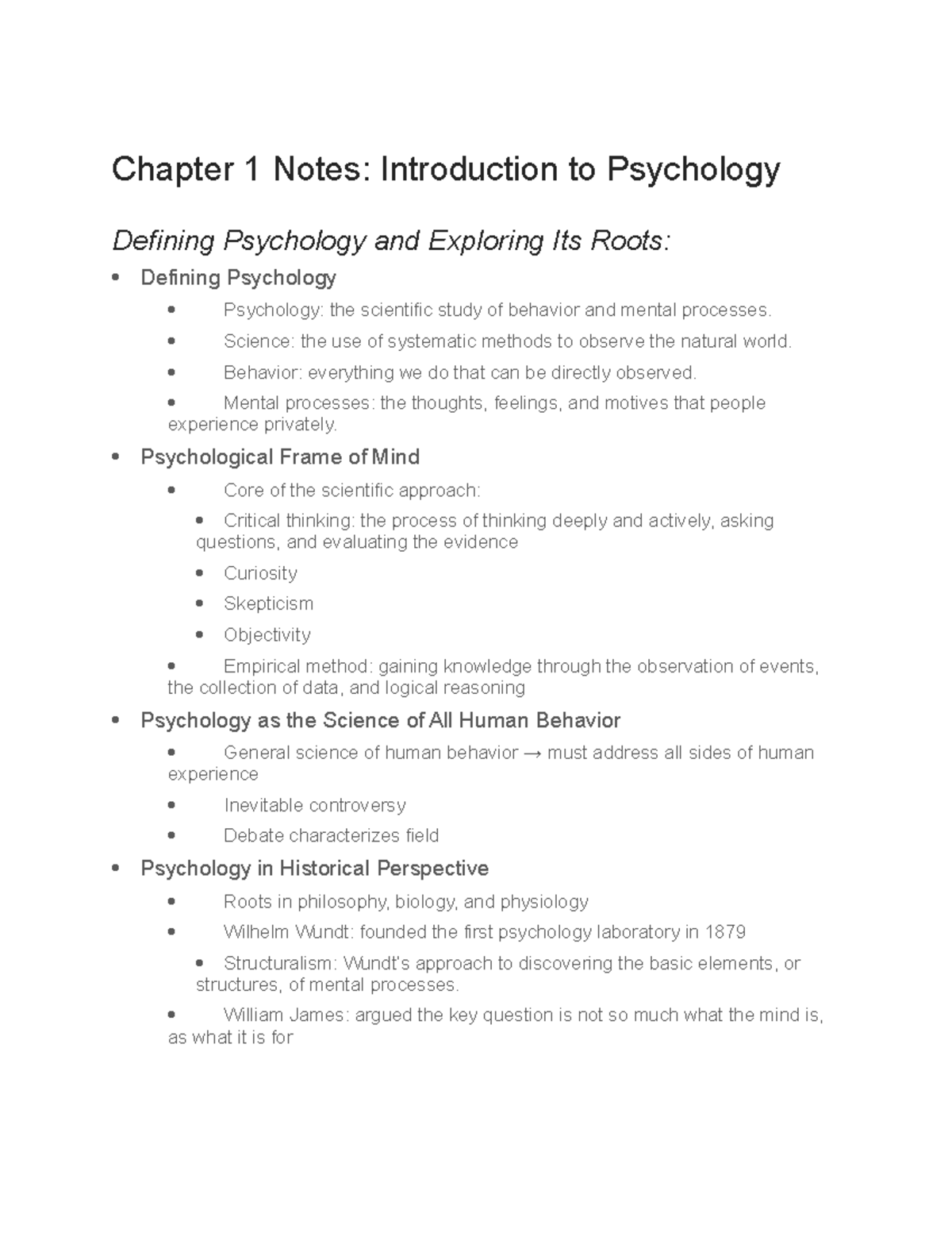 Chapter 1 Psych Notes - Chapter 1 Notes: Introduction to Psychology ...