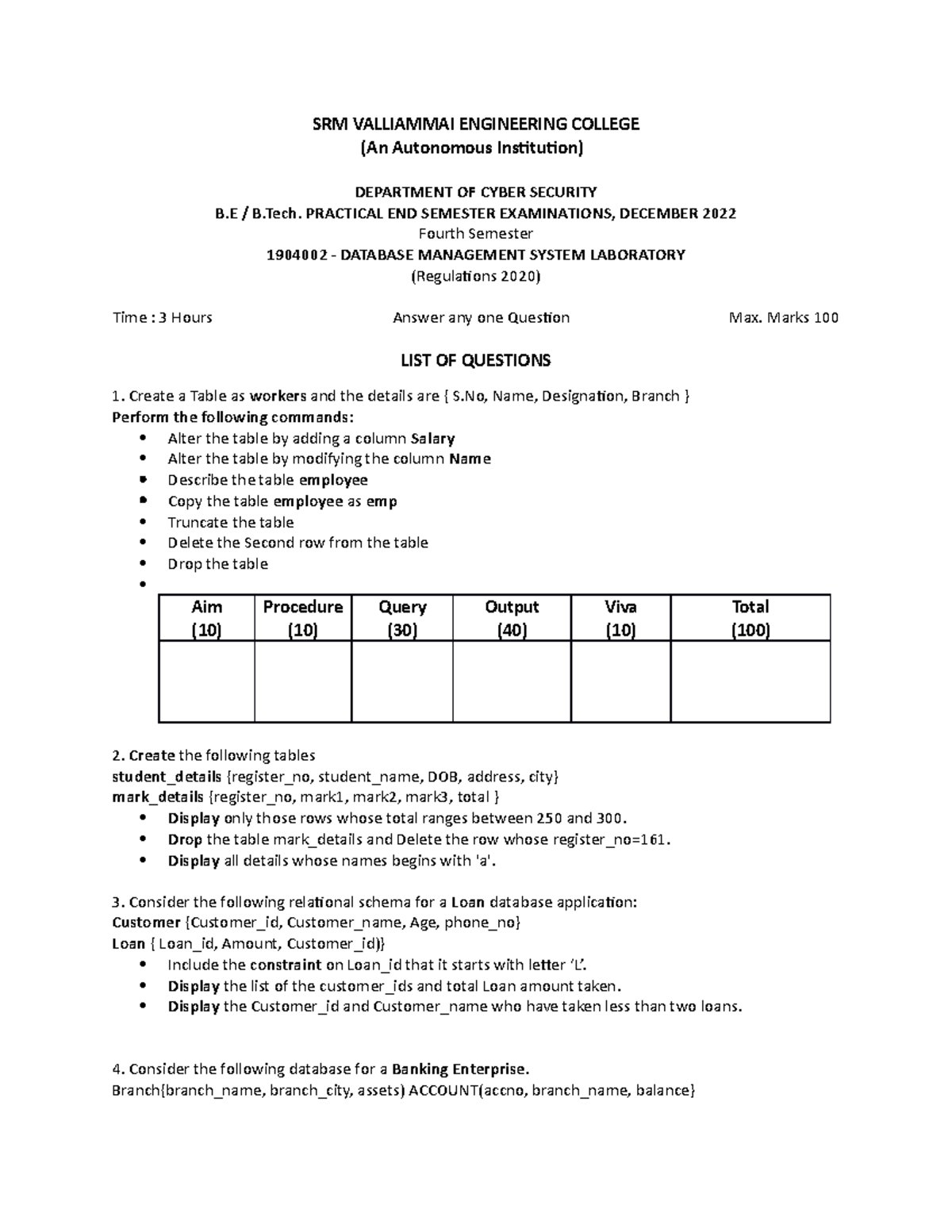 1904002 DBMS LAB Questions - SRM VALLIAMMAI ENGINEERING COLLEGE (An ...