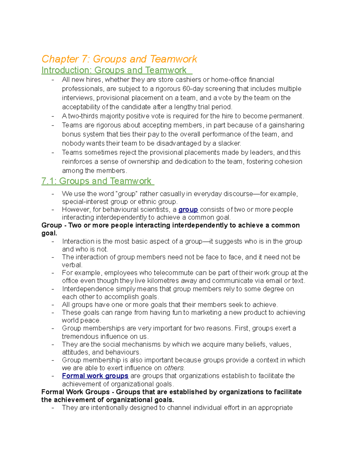 Chapter 7 Notes - Chapter 7: Groups and Teamwork Introduction: Groups ...