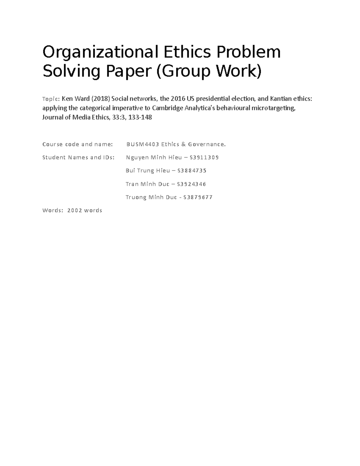 Assignment 2 Ethic and Governance Group 2 - Organizational Ethics ...
