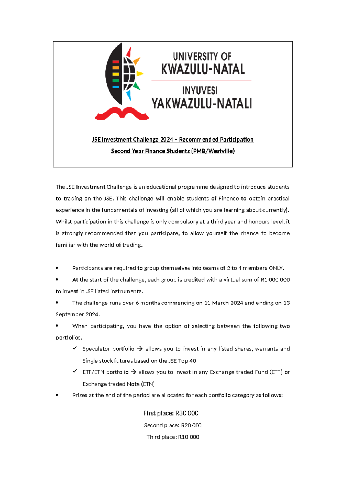 JSE Investment Challenge Second years 2024 JSE Investment Challenge