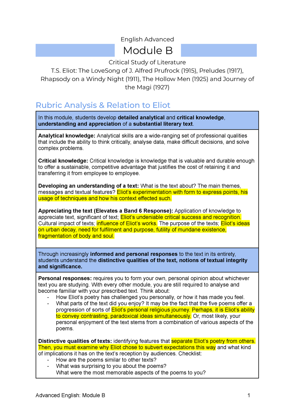 Module B - T.s. Elliot - In Depth Notes - English Advanced Module B ...