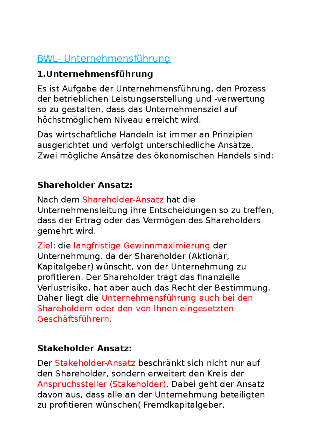 Bwl Zusammenfassung - BWL- Unternehmensführung 1ührung Es Ist Aufgabe ...