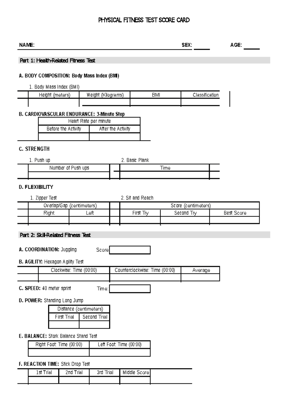 Pdfcoffee - Pdf copy - PHYSICAL FITNESS TEST SCORE CARD NAME: SEX: AGE ...