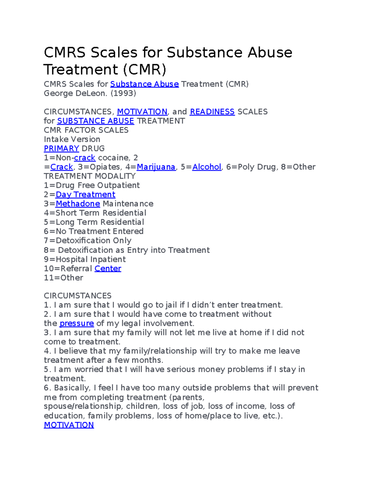 CMRS Scales for Substance Abuse Treatment - (1993) CIRCUMSTANCES ...