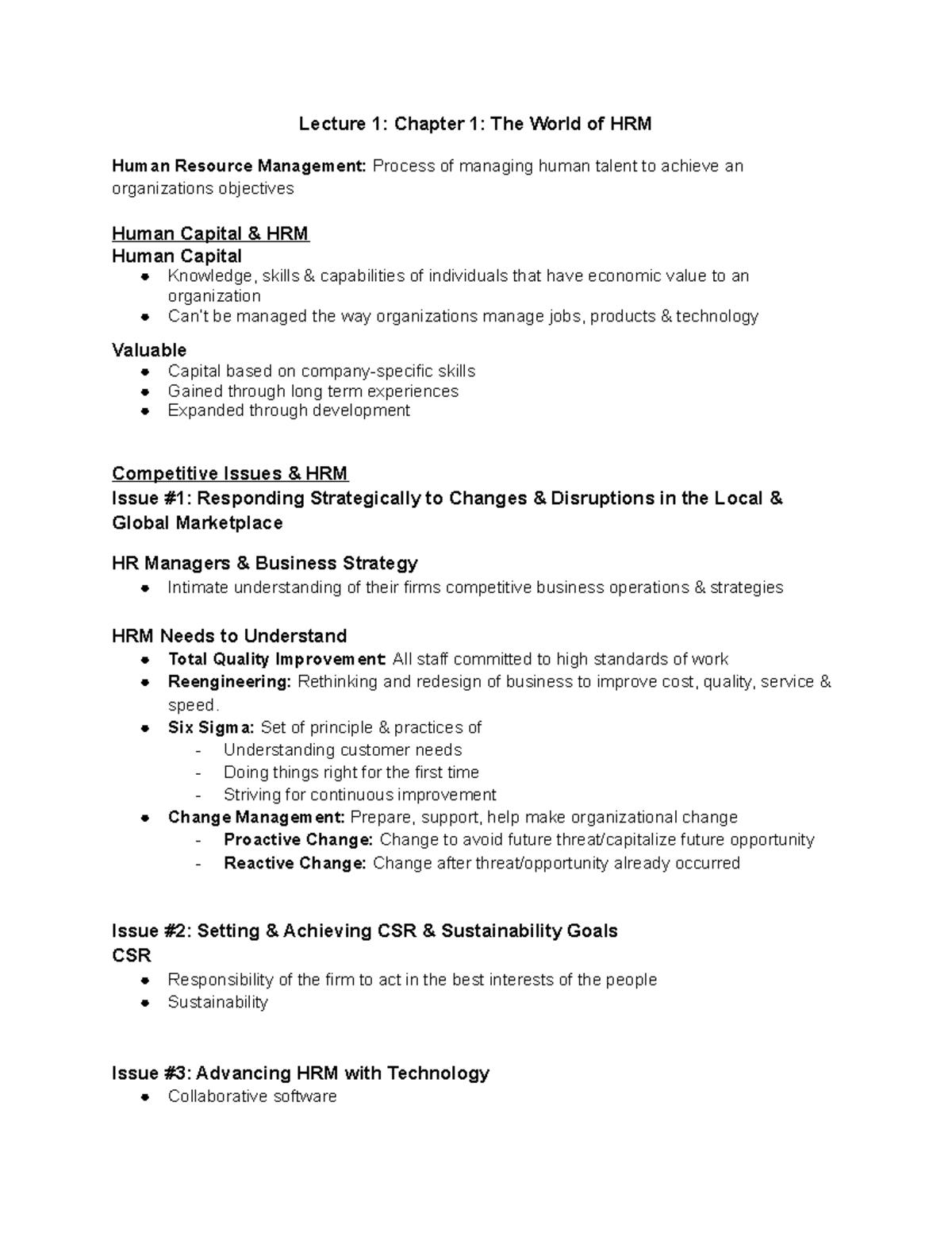 HR - Lecture 1 Section 1 - HRM 2600 NOTES - Lecture 1: Chapter 1: The ...