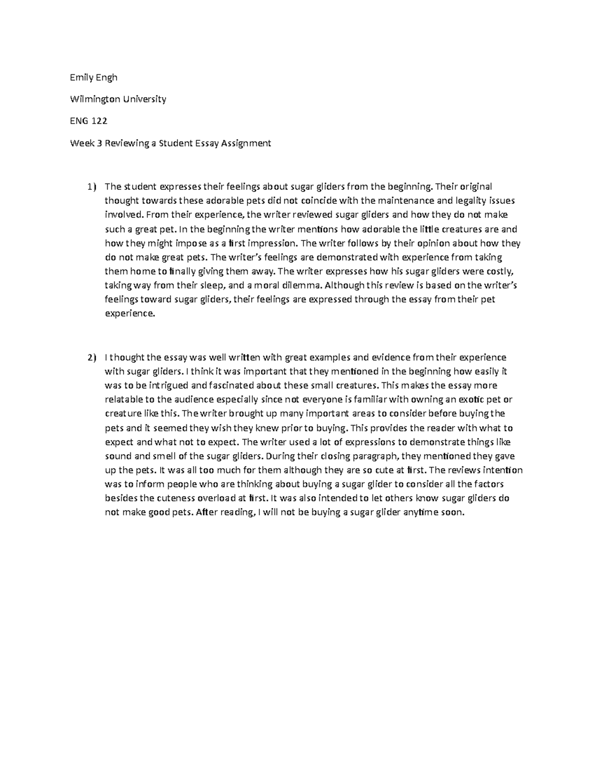 Week 3 reviewing a student essay - Emily Engh Wilmington University ENG ...