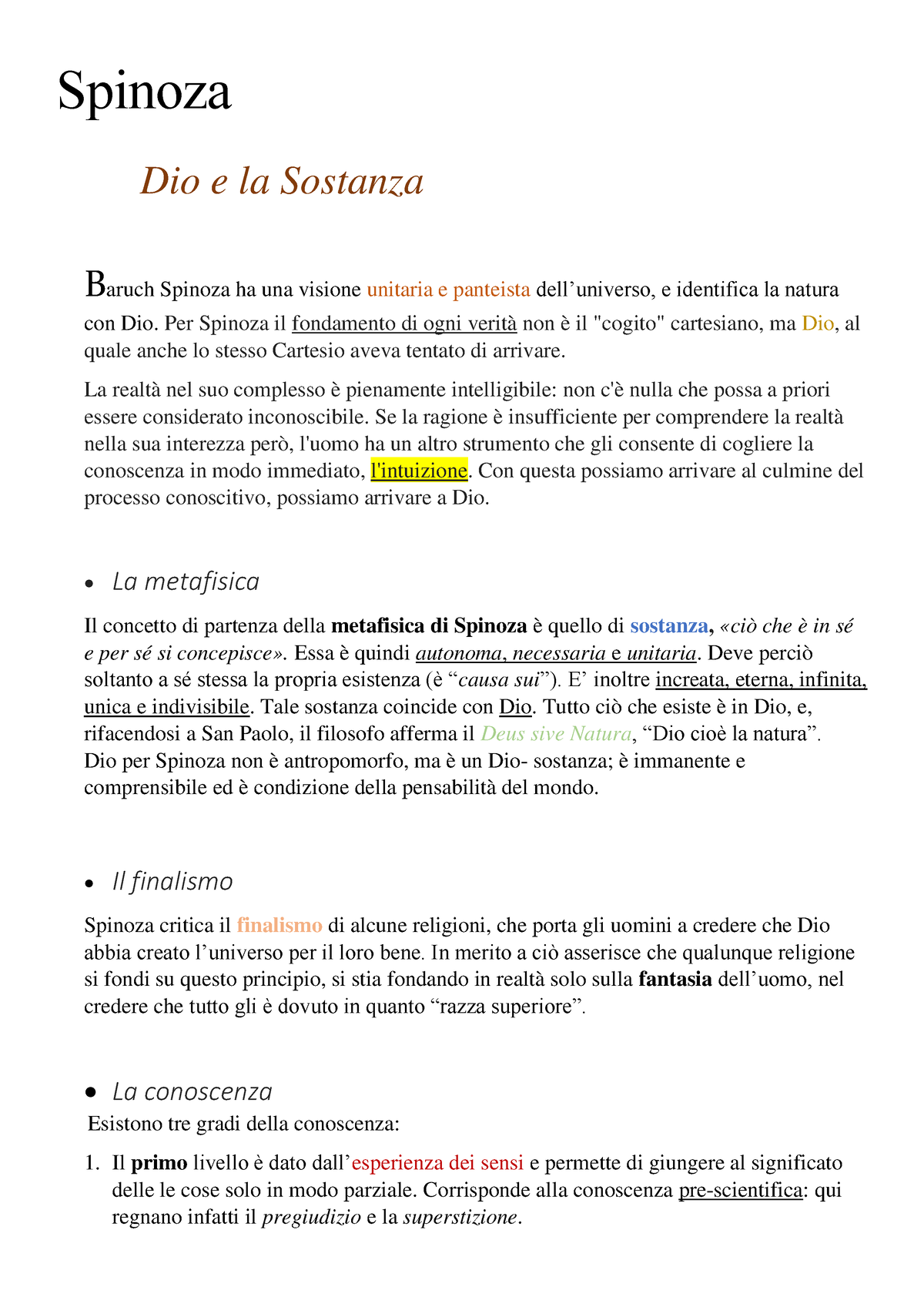 Riassunto Filosofia di Spinoza - Spinoza Dio e la Sostanza Baruch Spinoza  ha una visione unitaria e - Studocu