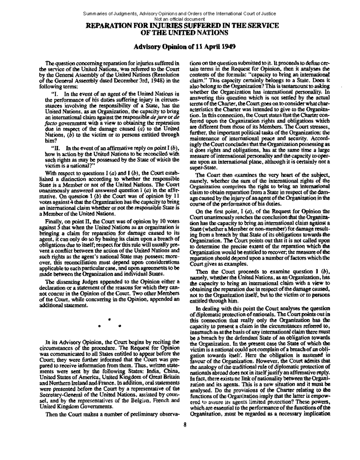 Un case - ICJ's advisory opinion on injuries suffered by UN personnel ...