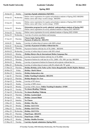 5-240.Academic Calendar Spring 2022 2 January-22 - North South University Academic Calendar 02 Jan - Studocu