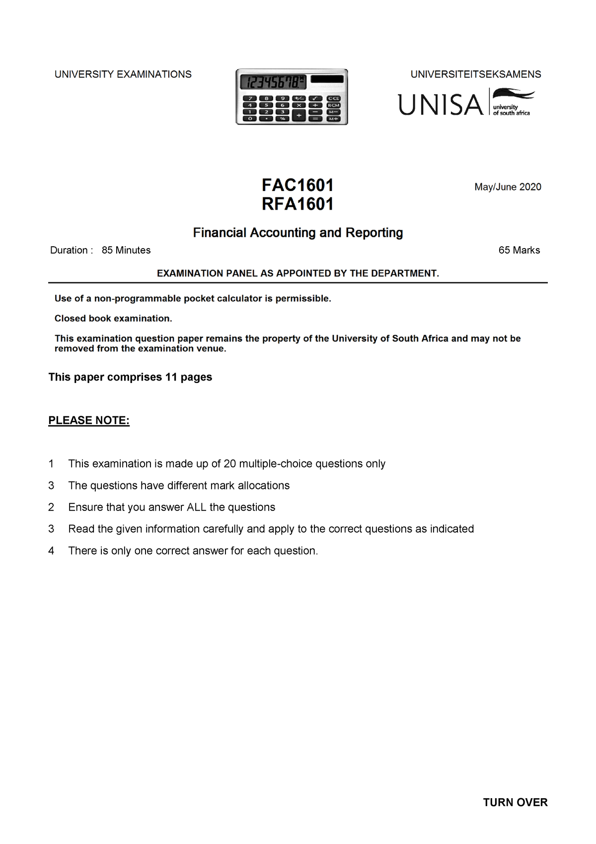 FAC1601 Mock Examination - This Paper Comprises 11 Pages PLEASE NOTE: 1 ...