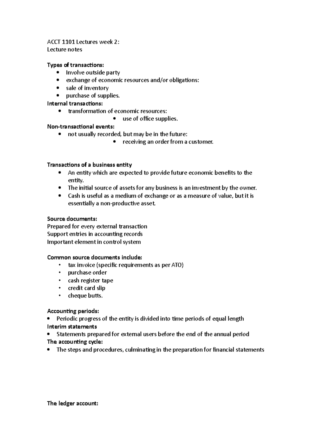 Lecture notes week 2 - ACCT 1101 Lectures week 2: Lecture notes Types ...