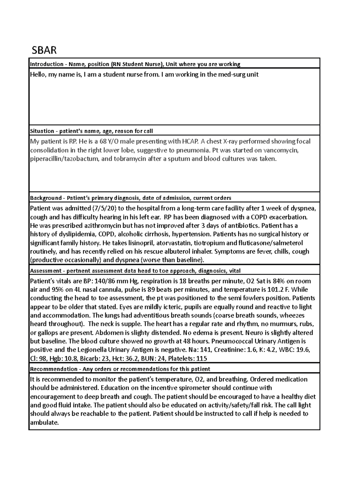 case study sbar format