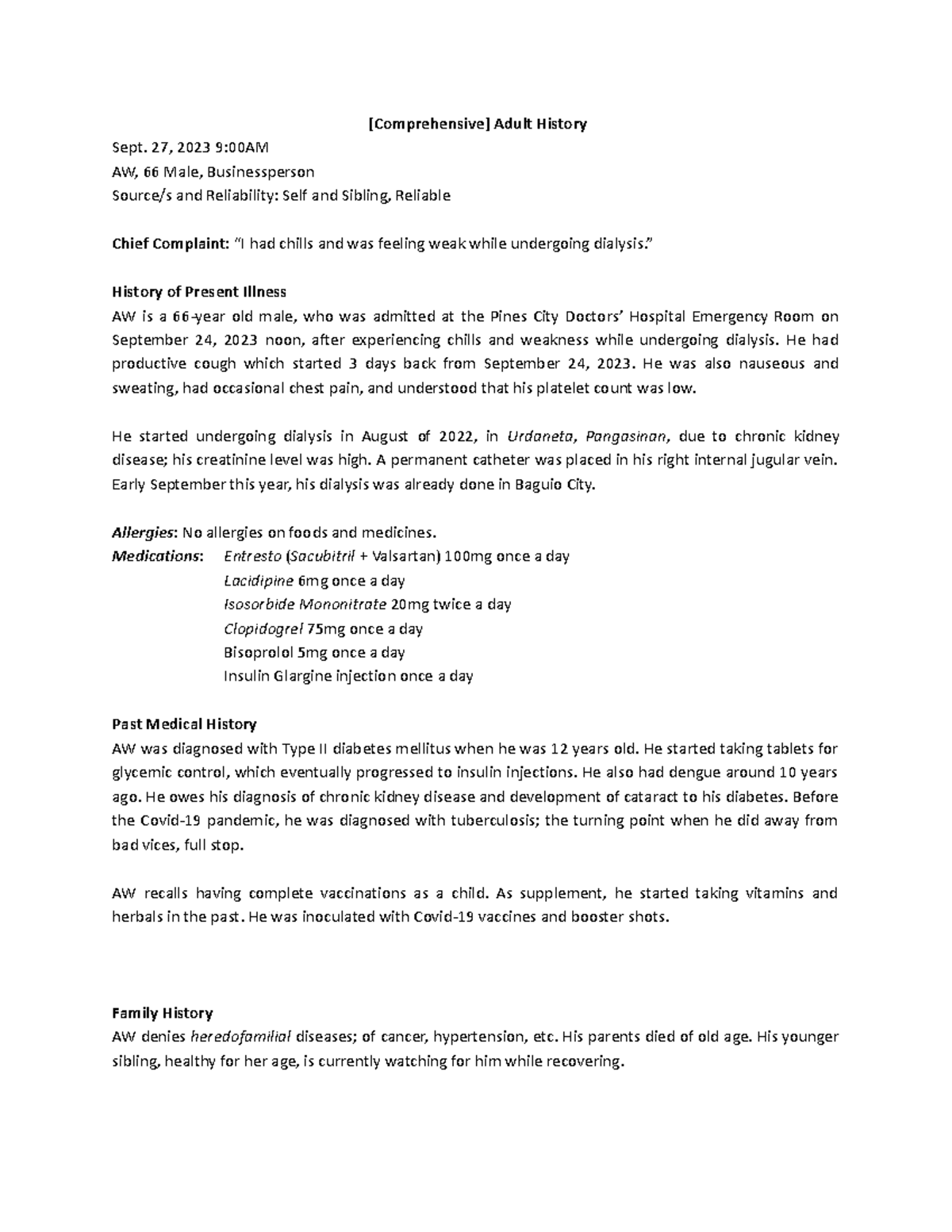 Sample Comprehensive Adult History - [Comprehensive] Adult History Sept ...