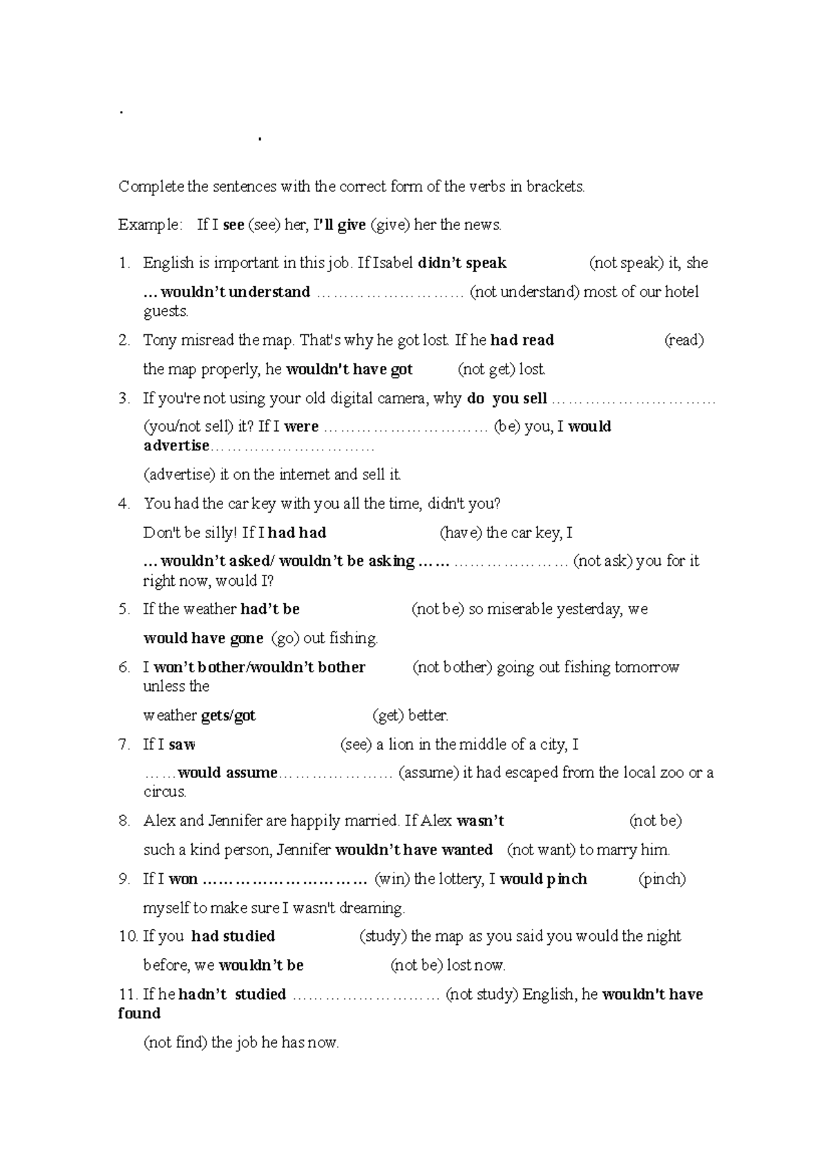 Conditionals MIX Exercise - Complete the sentences with the correct ...