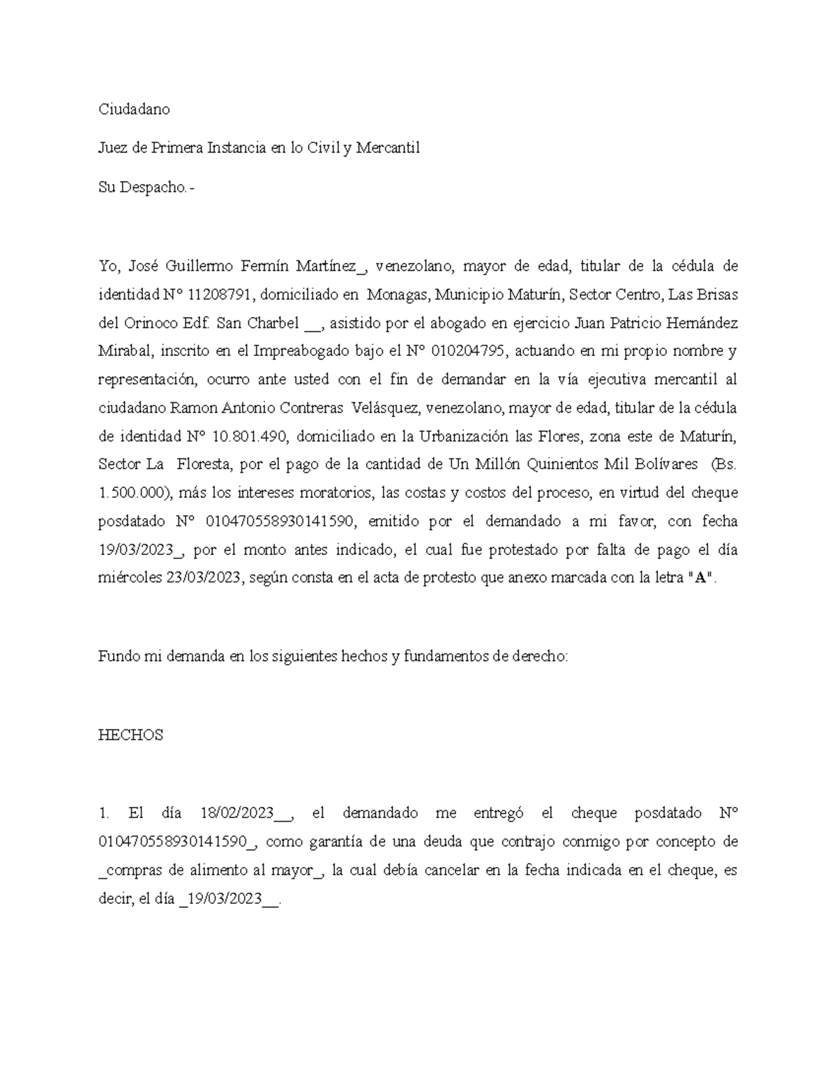 Demanda por intimación de cheque posdatado sin provision de fondos ...