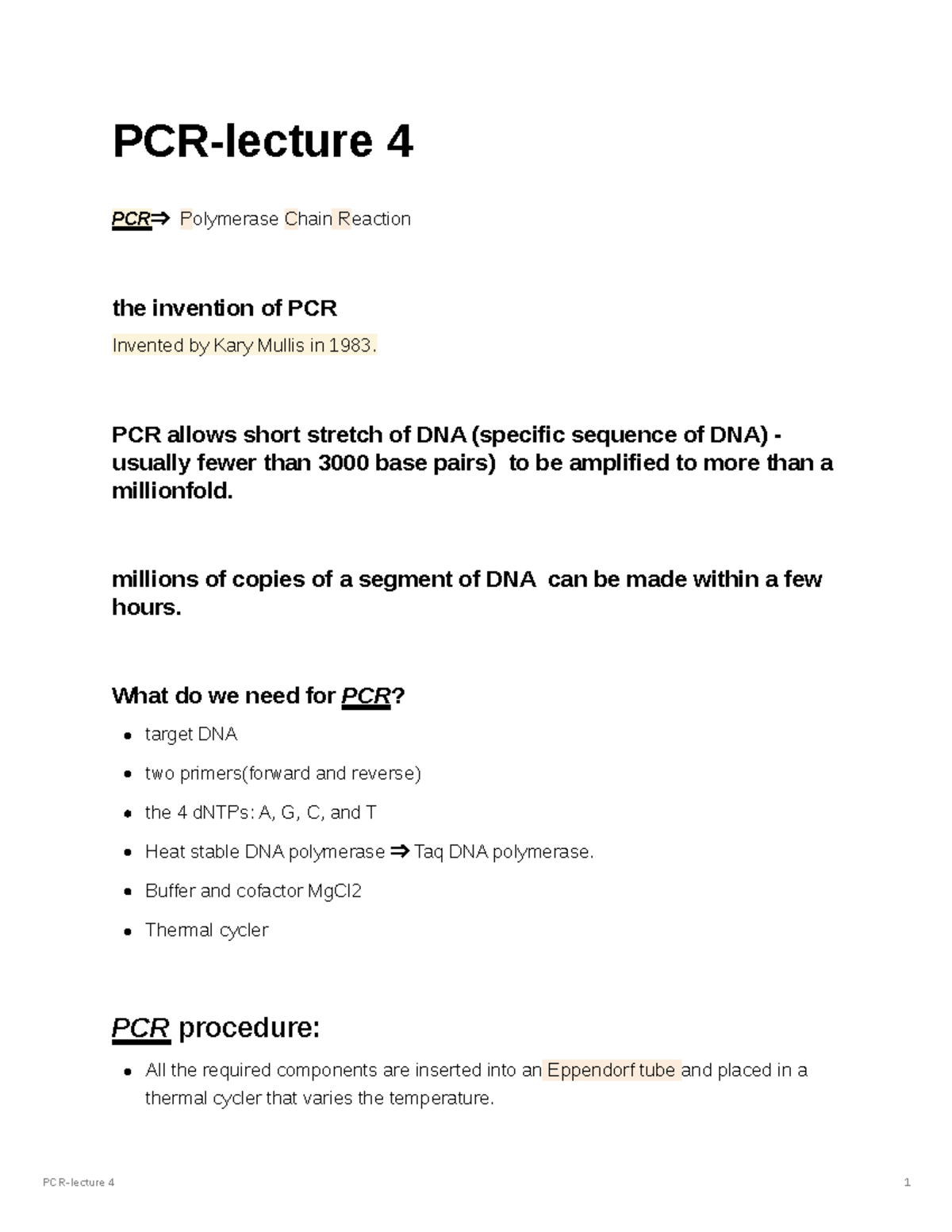 PCR and its applications PCRlecture 4 PCR⇒ Polymerase Chain Reaction