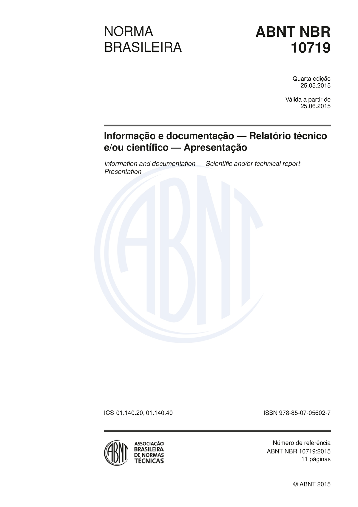 Nbr 10719 2015 Relatório Técnico E Ou Científico Válida A Partir De Edição Norma Abnt Nbr 8148