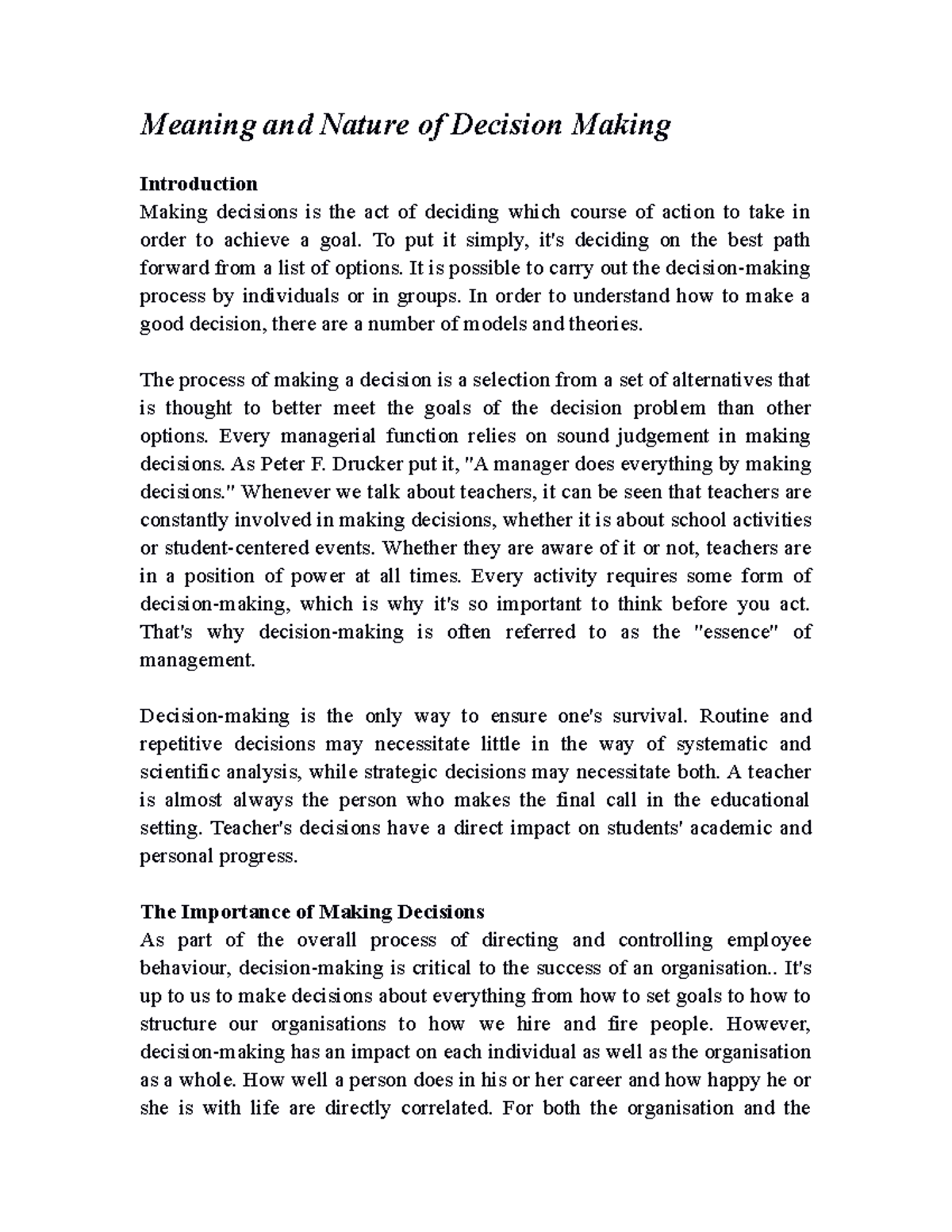 Meaning and Nature of Decision Making Meaning and Nature of Decision