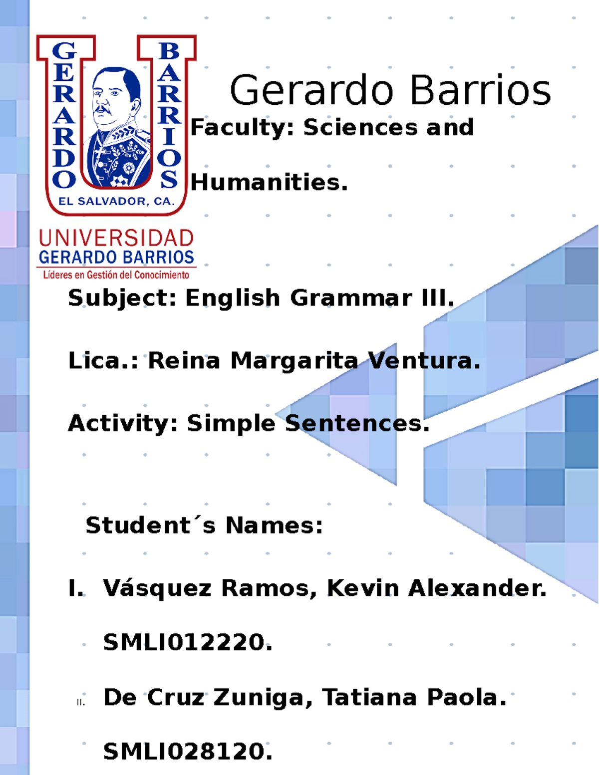 20 Simple Sentences tarea Subject English Grammar III. Lica