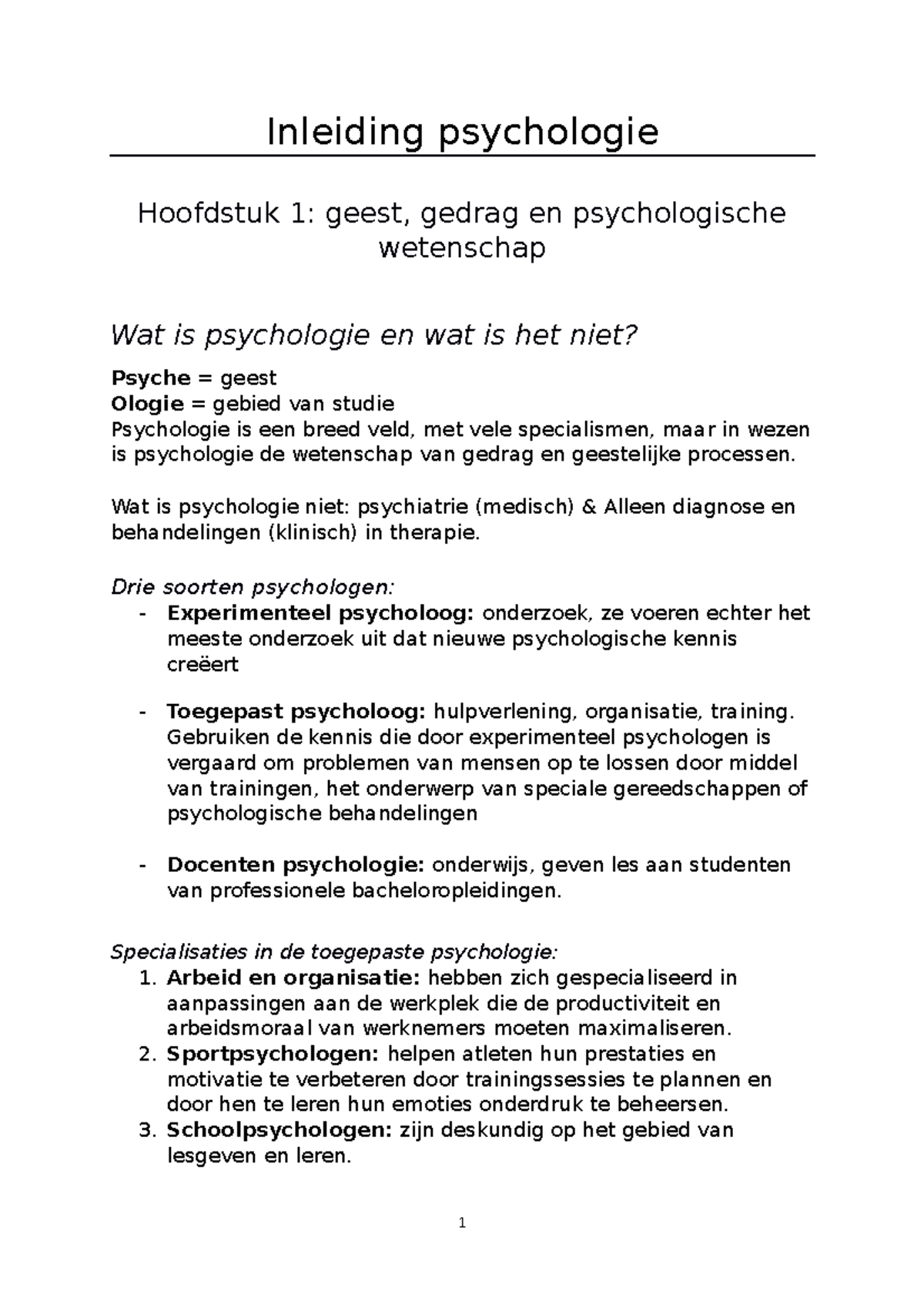 Inleiding Psychologie- Samenvatting - Inleiding Psychologie Hoofdstuk 1 ...