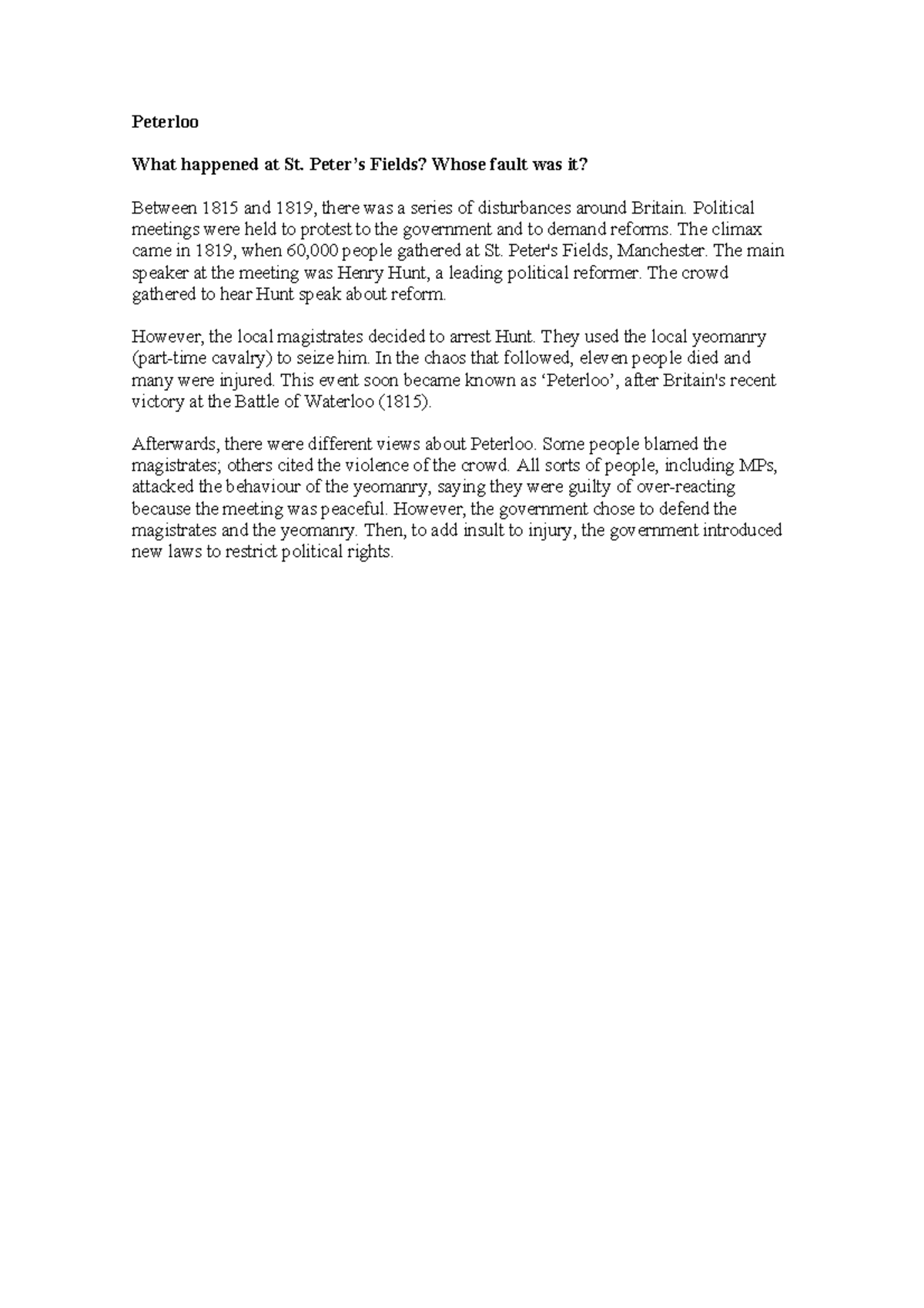 the Peterloo paper - Peterloo What happened at St. Peter’s Fields ...