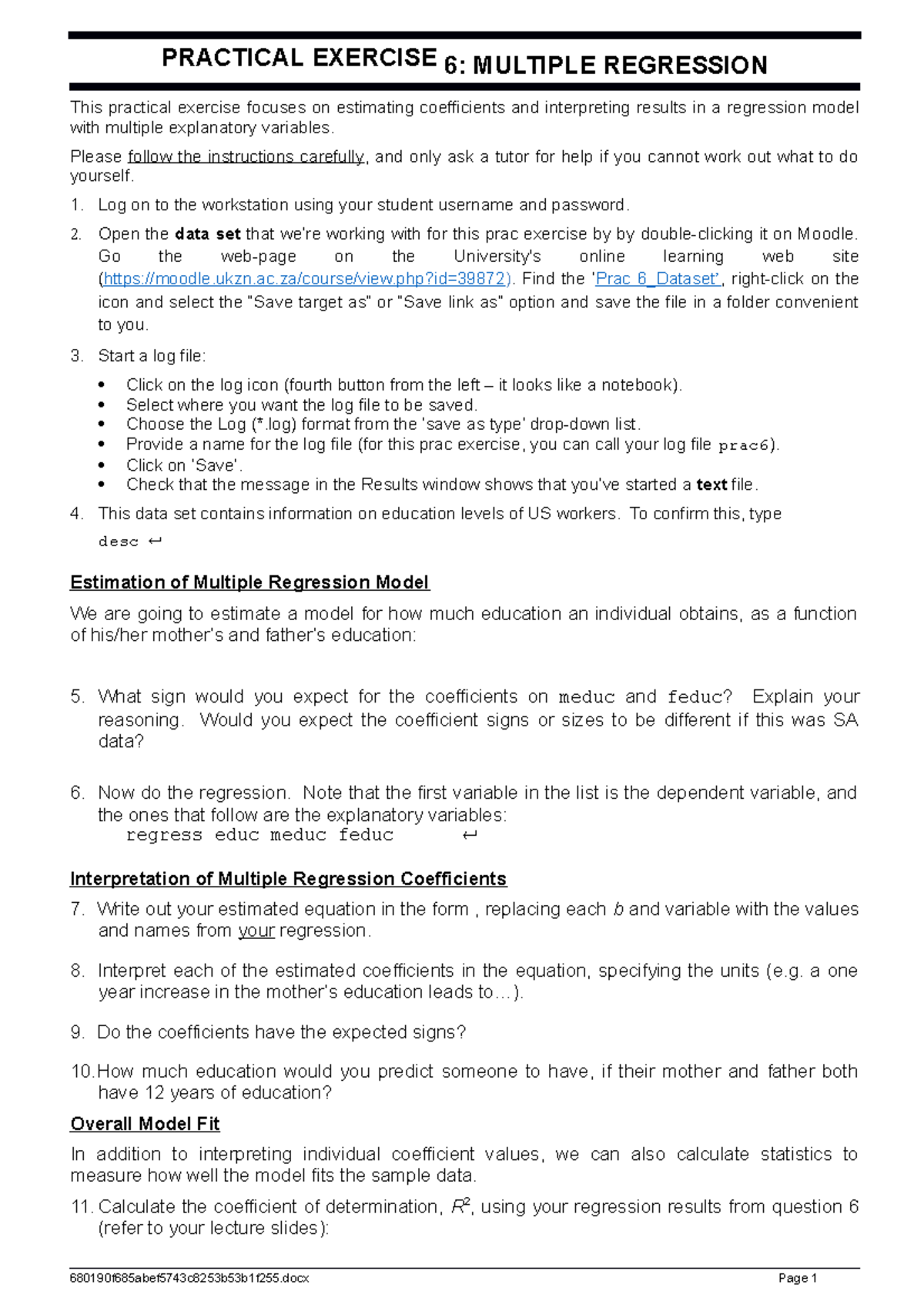 Prac 6-multiple regression estimation - PRACTICAL EXERCISE 6: MULTIPLE ...