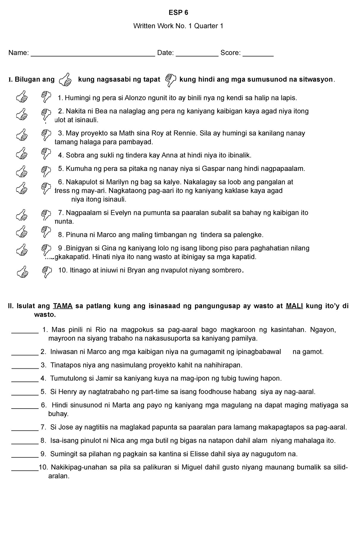 Grade 6 Summative Test In ESP Modules 1-3 - ESP 6 Written Work No. 1 ...