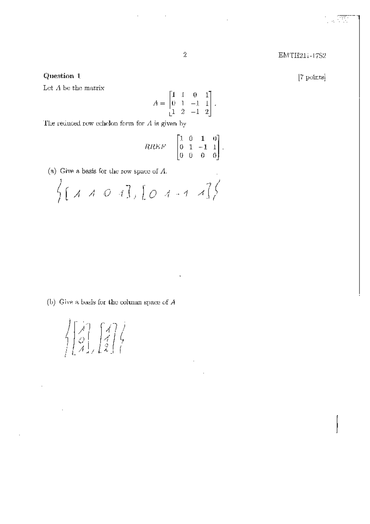Midterm test 2017, answers - 2 EMTH211—17S2 Question 1 [7 points] Let A ...