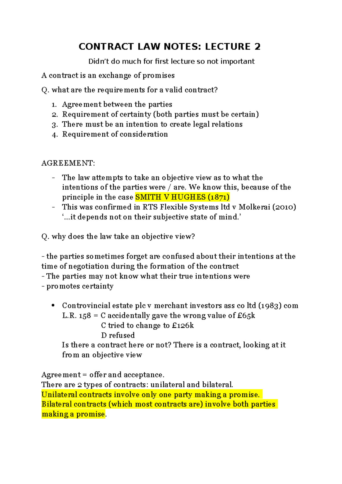 Contract LAW Notes - CONTRACT LAW NOTES: LECTURE 2 Didn’t do much for ...