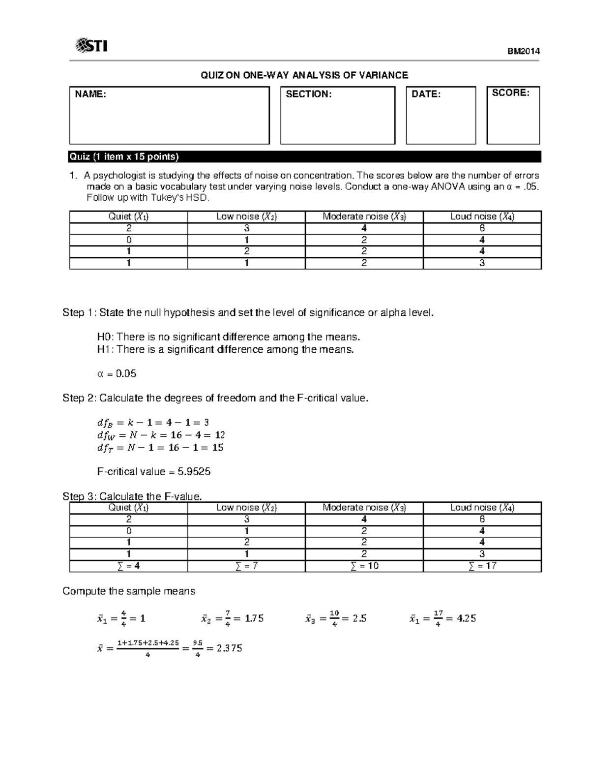 09 Quiz 1 Accounting Research Methods - BM QUIZ ON ONE-WAY ANALYSIS OF ...