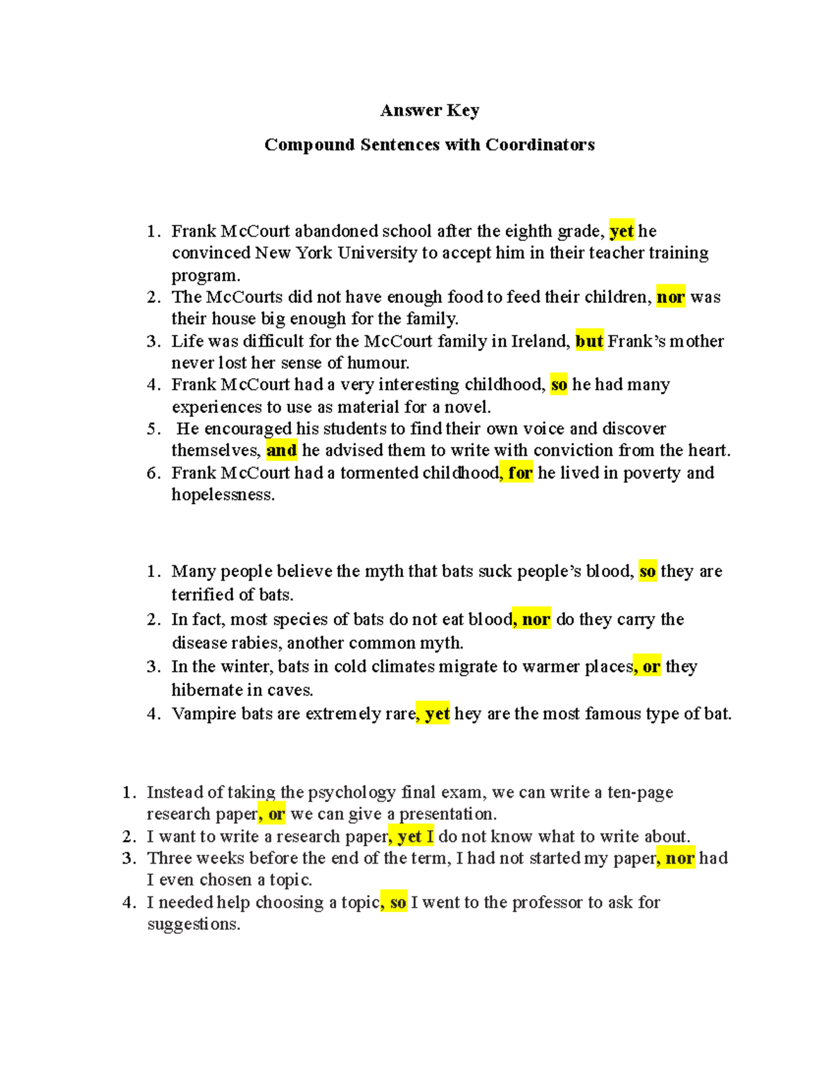 Answer Key Combination Practice - Answer Key Compound Sentences with ...