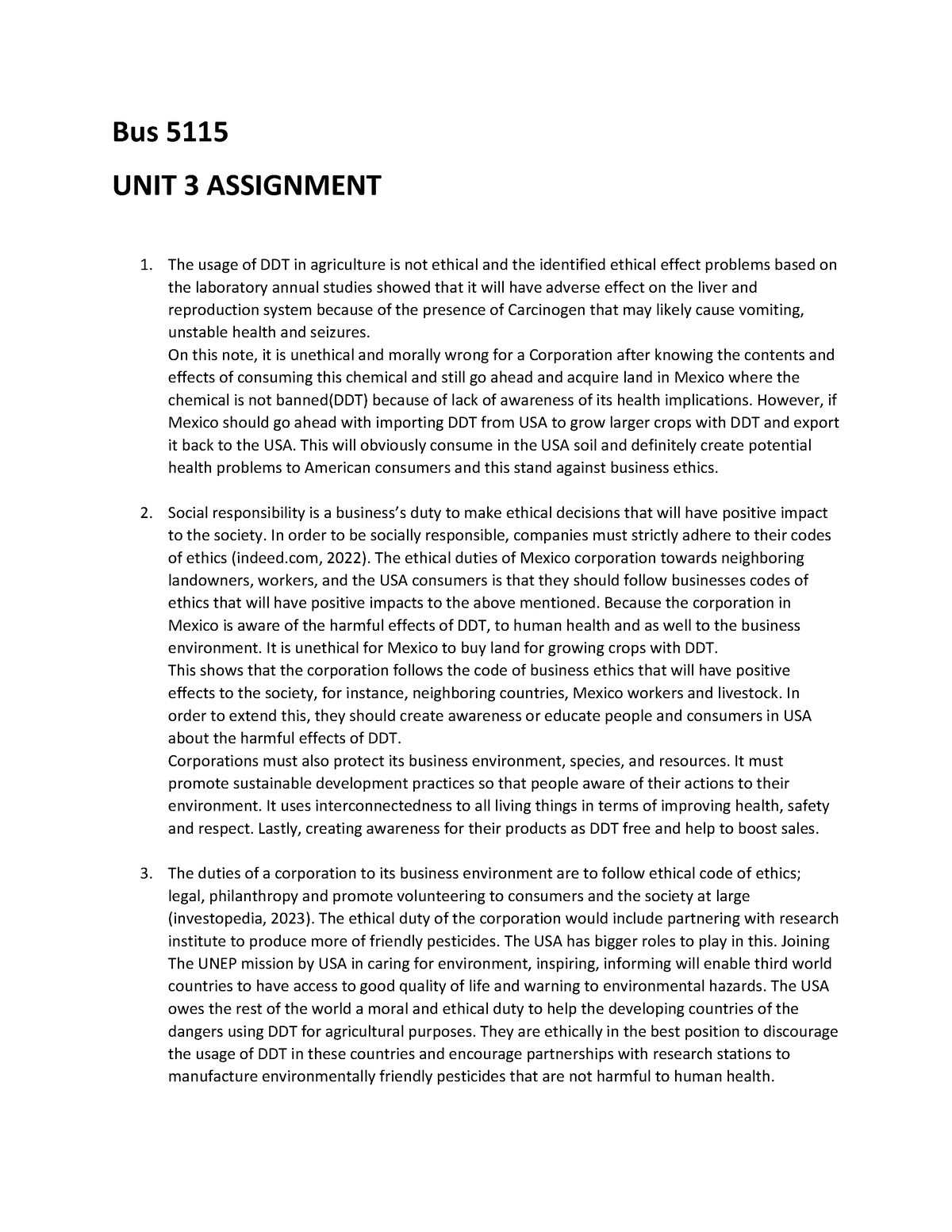 Bus 5115 Assignment 3 - Bus 5115 UNIT 3 ASSIGNMENT The Usage Of DDT In ...