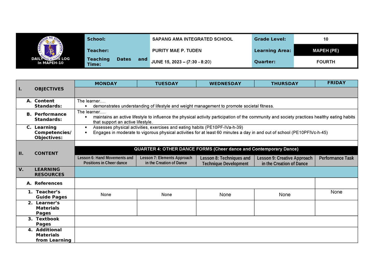 Q4 DLL- Mapeh 10 PE-Wk5-8 - DAILY LESSON LOG In MAPEH- School: SAPANG ...