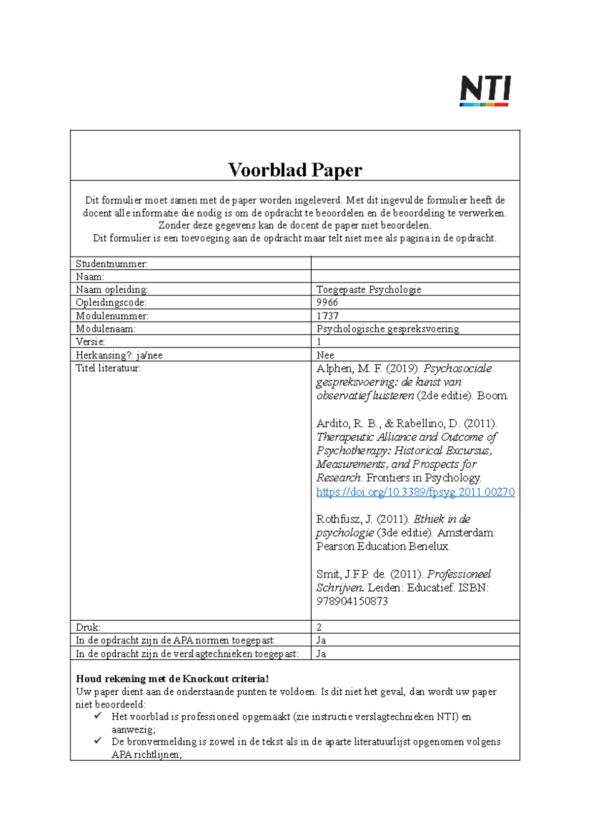 Paper Psychologische Gespreksvoering 1 - Voorblad Paper Dit Formulier ...