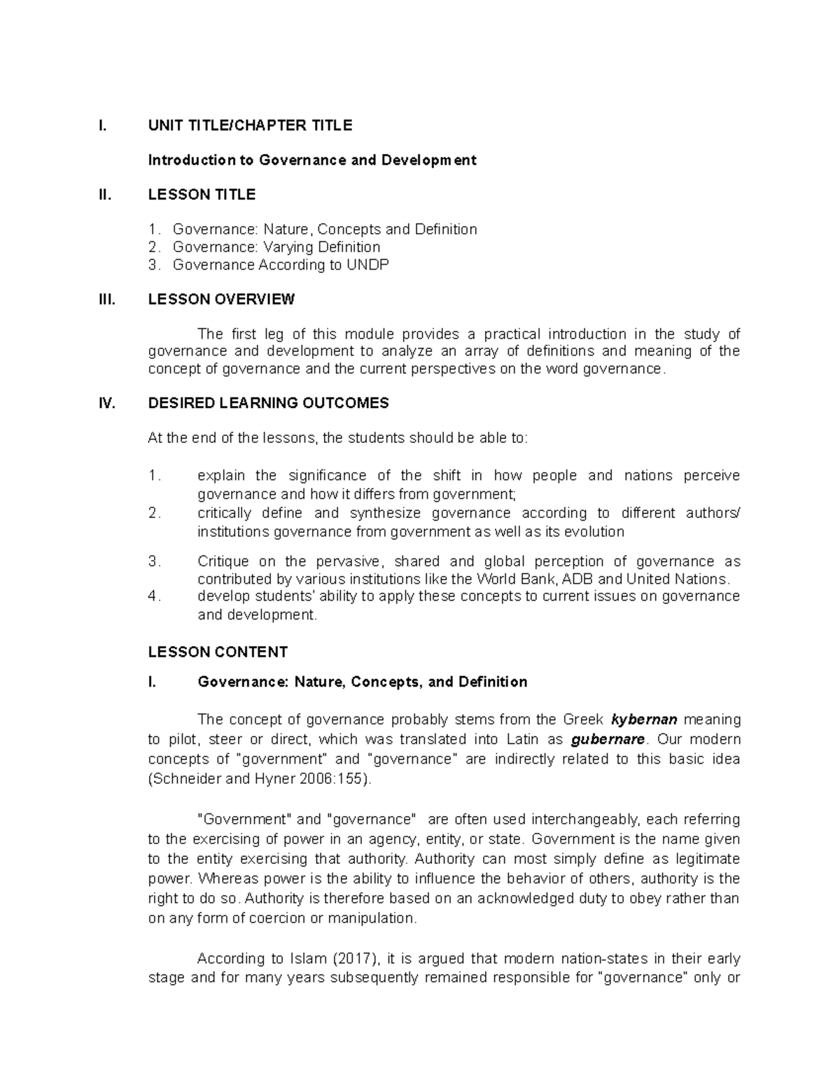 Introduction to Governance and Development - I. UNIT TITLE/CHAPTER ...