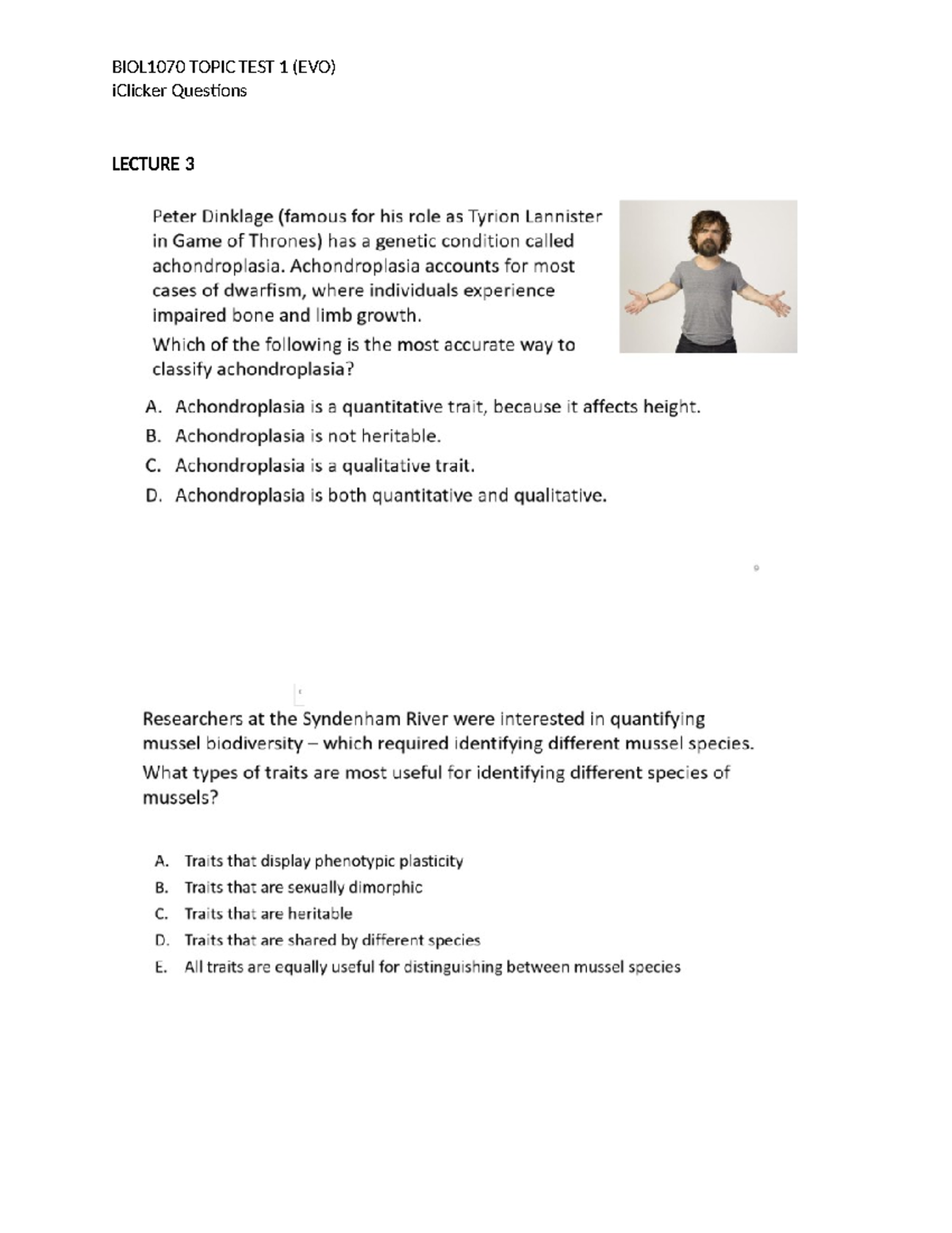 BIOL1070 Topic Test 1 I Clickers - BIOL1070 TOPIC TEST 1 (EVO) IClicker ...