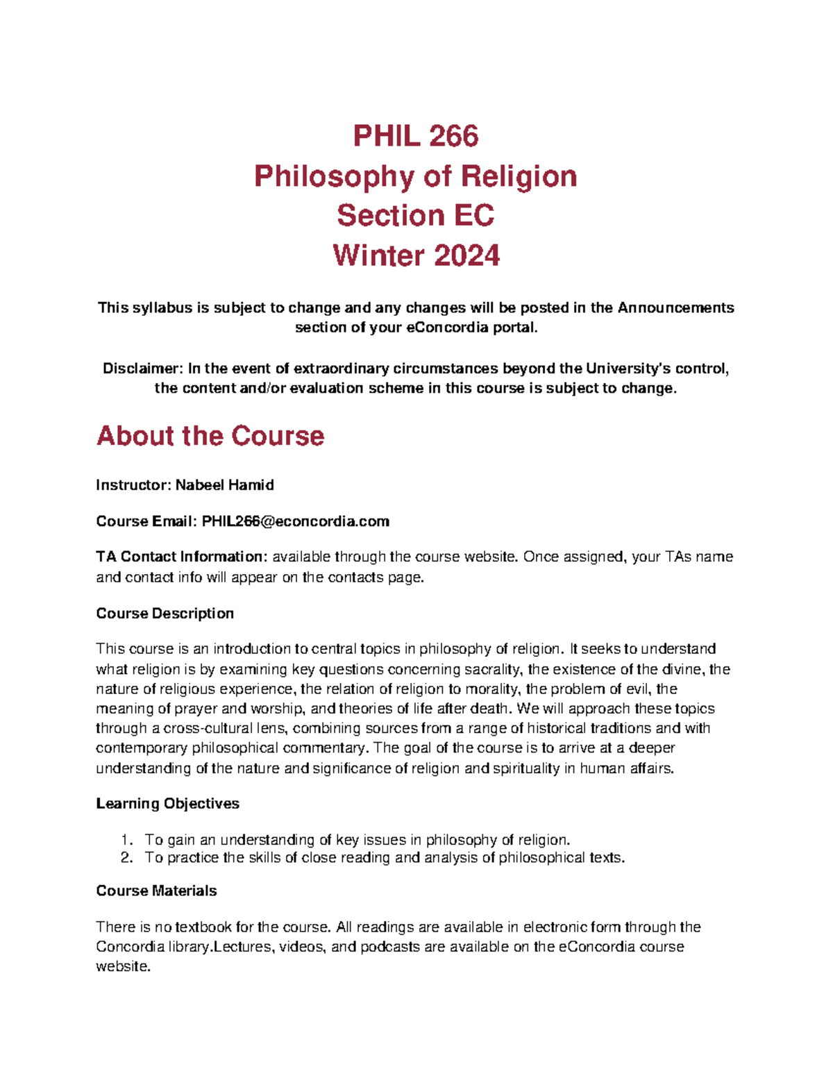 PHIL 266 - Outline Winter 2024 - PHIL 266 Philosophy of Religion ...
