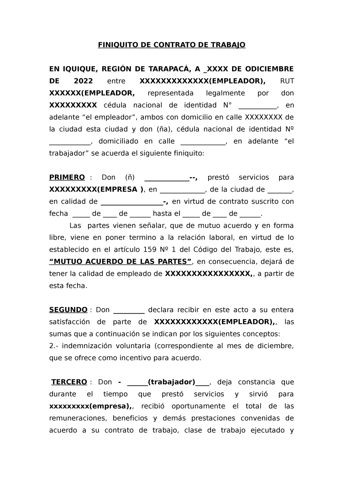 Modelo Finiquito Mutuo Acuerdo DE LAS Partes - FINIQUITO DE CONTRATO DE TRABAJO EN IQUIQUE ...