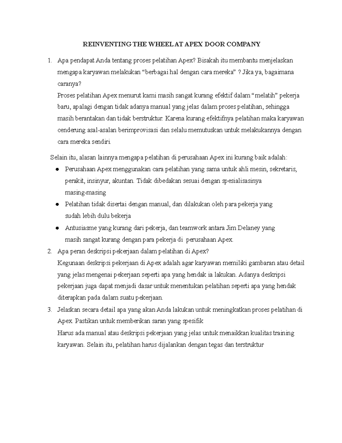 Kasus Reinventing THE Wheel AT APEX DOOR Company REINVENTING THE