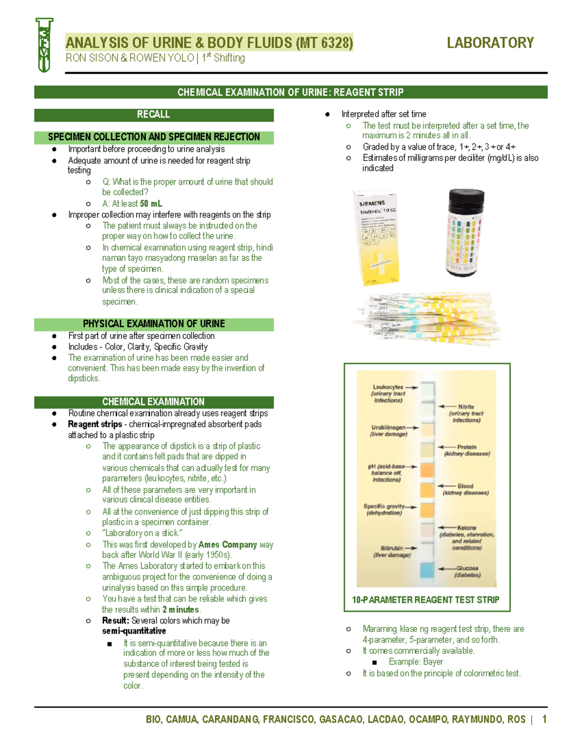  AUBF LAB Unit 4 Chemical Examination Of Urine Reagent Strip 