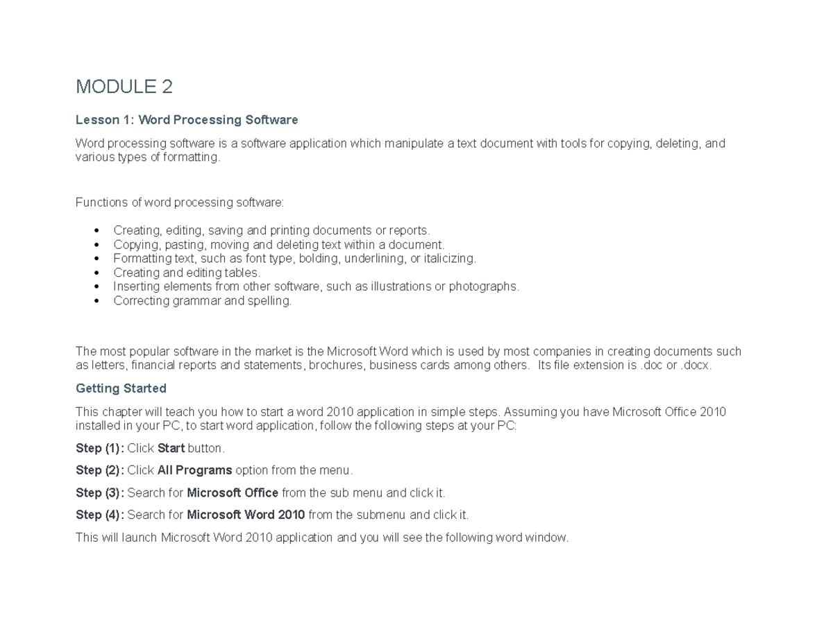 Module 2 Lesson 1 Word Processing - MODULE 2 Lesson 1: Word Processing ...