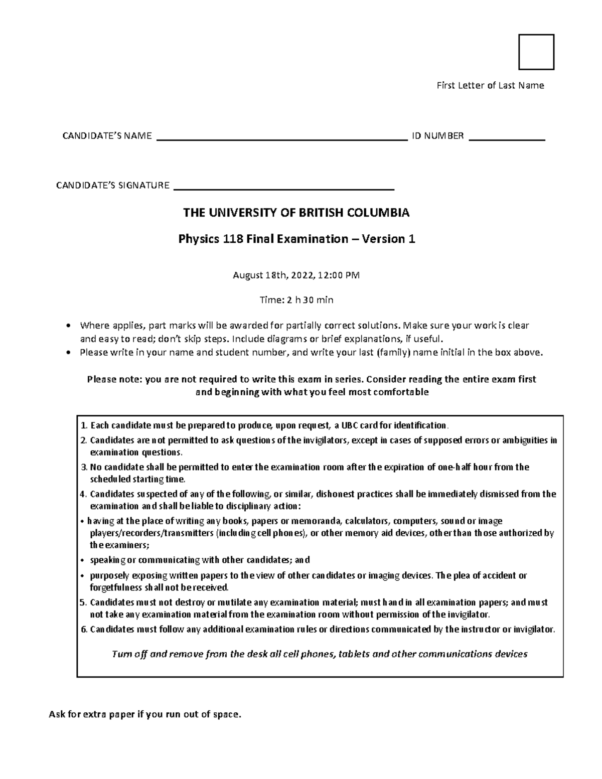 2022 Final exam (practice) - First Letter of Last Name CANDIDATE’S NAME ...