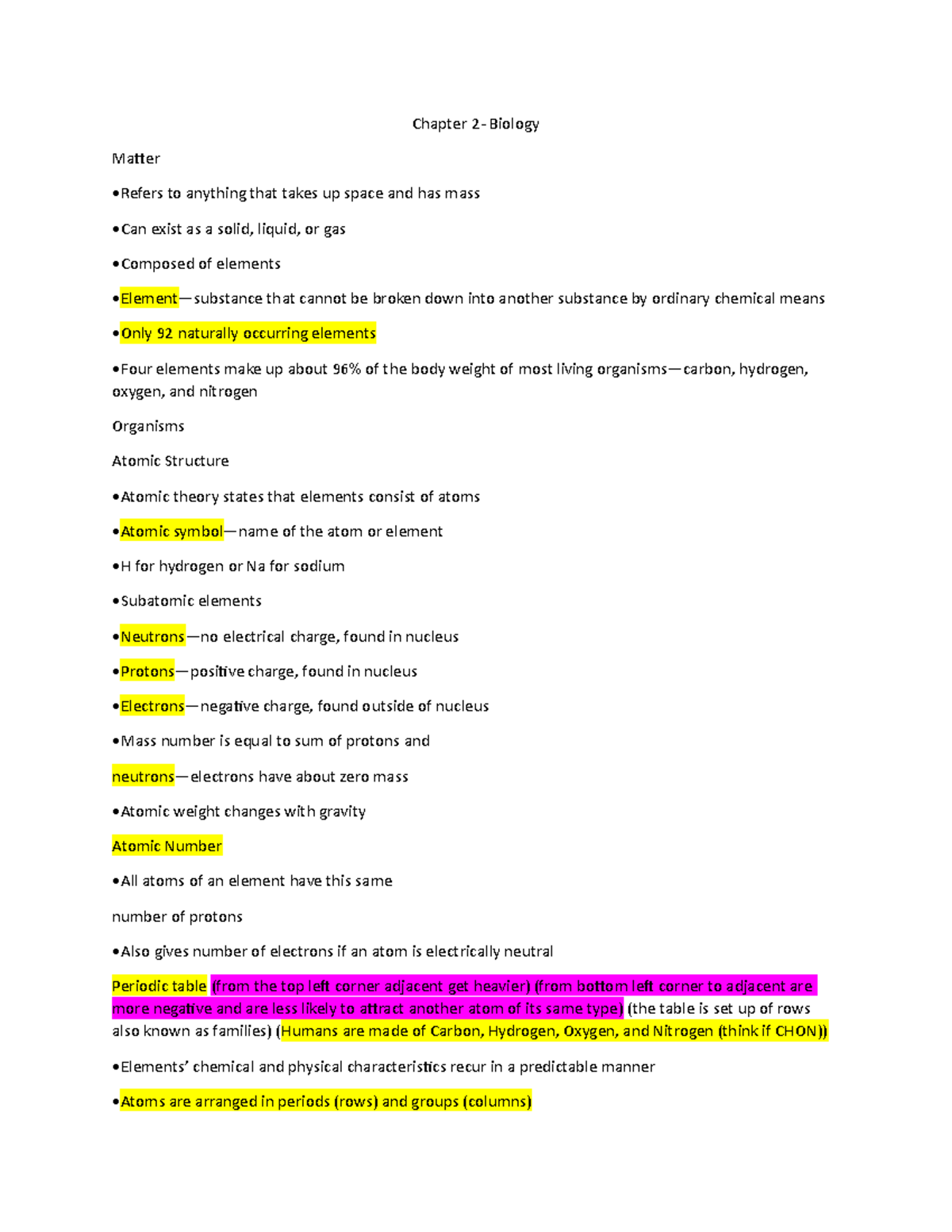 Bio Chapter 2 - Chapter 2- Biology Matter •Refers To Anything That ...