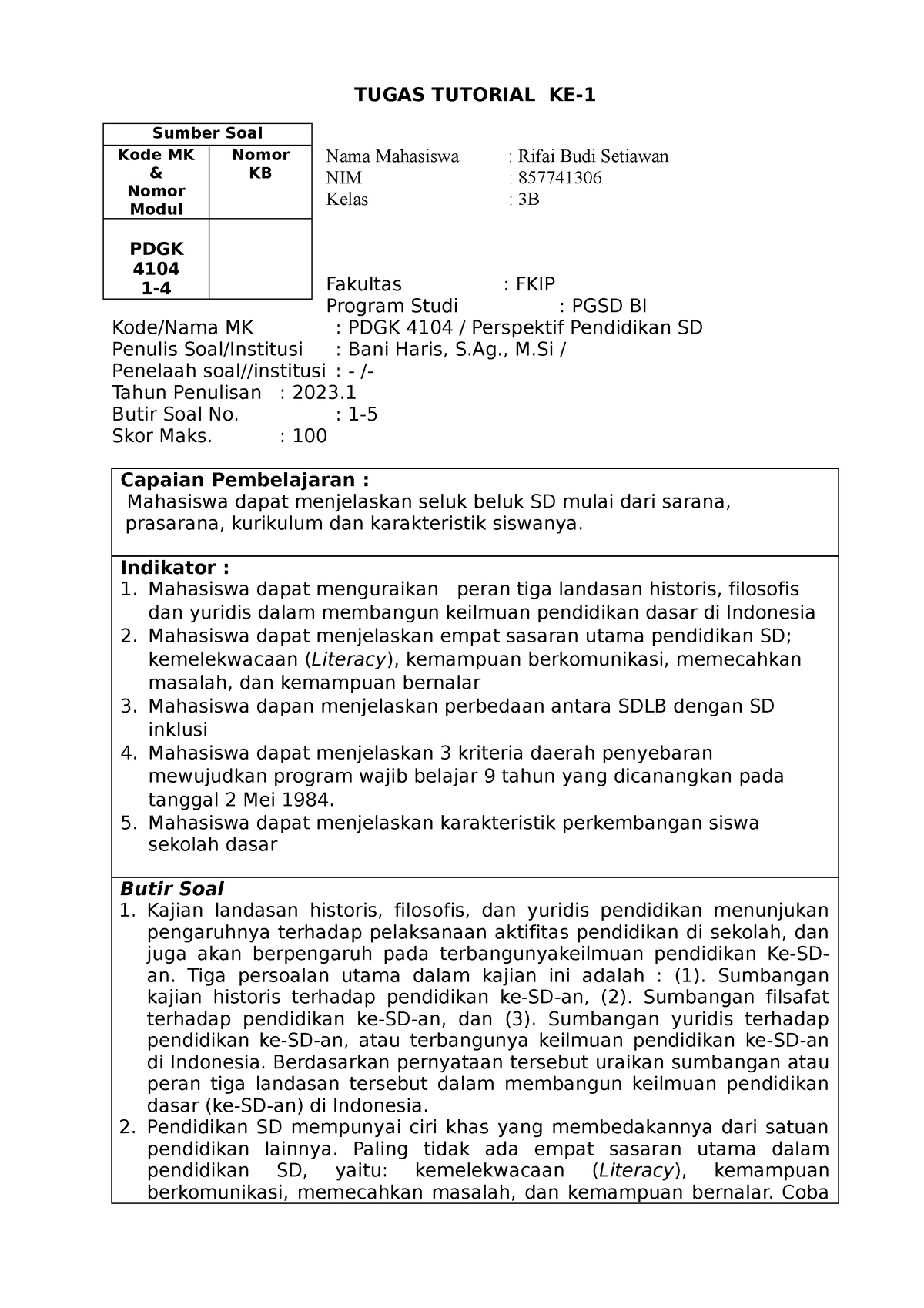 Tugas Tutorial-1 PDGK 4104 Perspektif Pendidikan SD Rifai Budi Setiawan ...